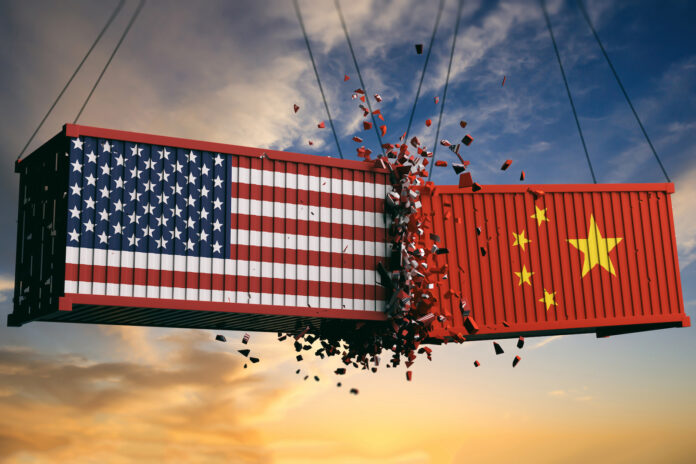USA and China trade war. US of America and chinese flags crashed containers on sky at sunset background. 3d illustration